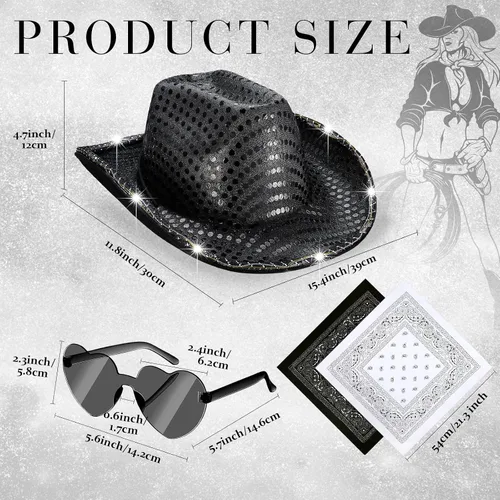 Miniatura 3 de 6 Pack Light Cowboy Hat Space Cowgirl Hat Led Flashing Hat with 6 Heart Glasses 6 Paisley Bandanna Western Cowboy Costume