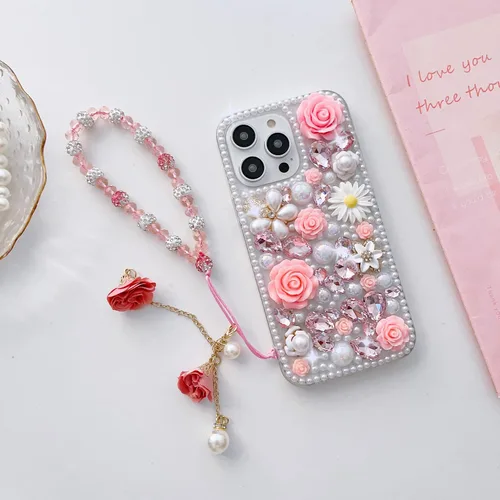 Miniatura 9 de para iPhone 14 Pro - Funda con Purpurina y Diamantes de Imitación, de Lujo, con Cristales Brillantes, Flores de Rosa, Perlas Florales, Pulseras