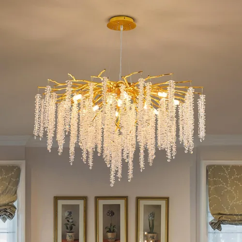Miniatura 16 de Candelabro de Cristal Rama de Árbol Dorado Gota de Lluvia Redonda Lámpara Colgante con Borla Luminaria de Techo Colgante para Dormitorio Sala