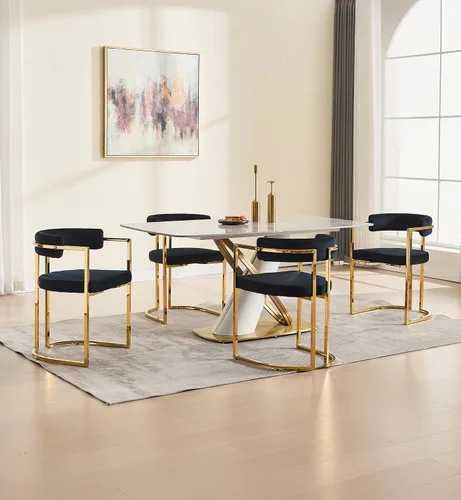 Miniatura 5 de Hyfirm Juego de 2 sillas de comedor de barril, modernas sillas tapizadas de comedor Belvet con reposabrazos y patas de metal dorado, silla de cocina