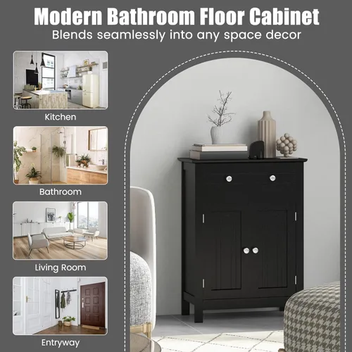 Miniatura 8 de GOFLAME Gabinete de almacenamiento de madera para baño, moderno armario organizador de baño con estante ajustable de 3 alturas, cajón y estante de 2