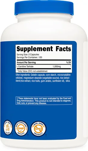 Miniatura 5 de Nutricost Tartrato de L-Carnitina 1,000 mg, 240 cápsulas - 500 mg por cápsula, 120 porciones
