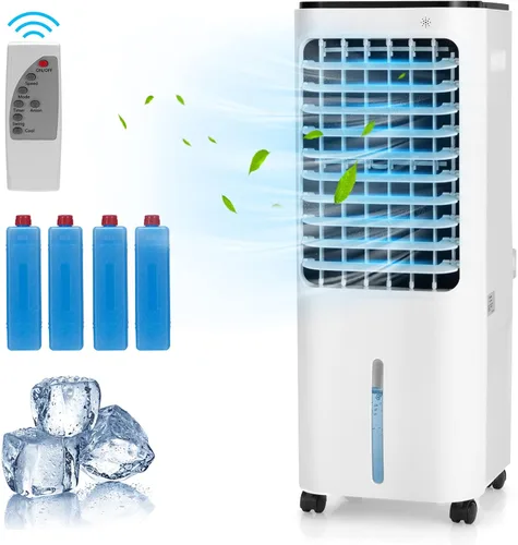 GOFLAME Enfriador de aire evaporativo 4 en 1, ventilador de refrigeración de aire portátil humidificador de aire con 4 paquetes de hielo y control