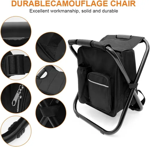 Miniatura 6 de YESIACE Taburete plegable portátil para acampar, mochila con bolsa refrigeradora, asiento de senderismo, pesca al aire libre, regalos de caza, negro