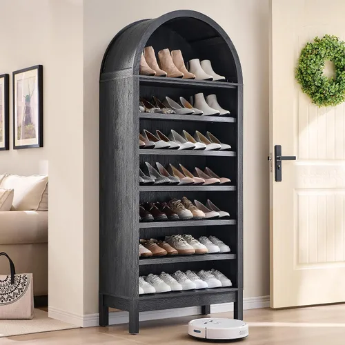 Miniatura 19 de IFGET Armario de almacenamiento de zapatos arqueado de 67 pulgadas de alto, 8 niveles y 8 pares de zapateros de madera con 3 estantes ajustables