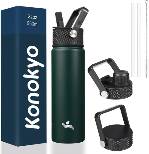 Miniatura 139 de Konokyo - Botella de agua aislada de 18 onzas, botellas deportivas de acero inoxidable con 3 tapas, verde militar