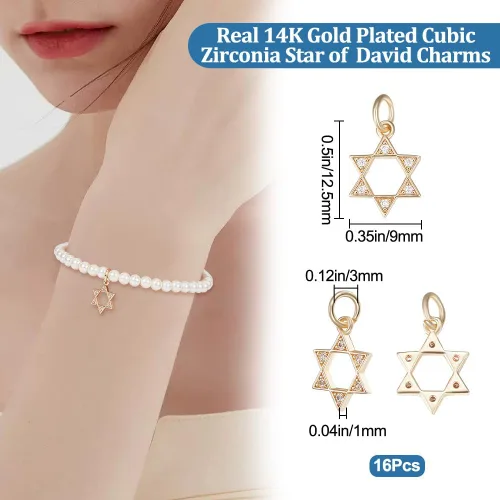 Miniatura 2 de Beebeecraft 1 Box 16Pcs Star of David Charm Star Pendant Charms 14K Gold & Platinum Plated Brass Cubic Zirconia for Jewelry Making Necklace DIY