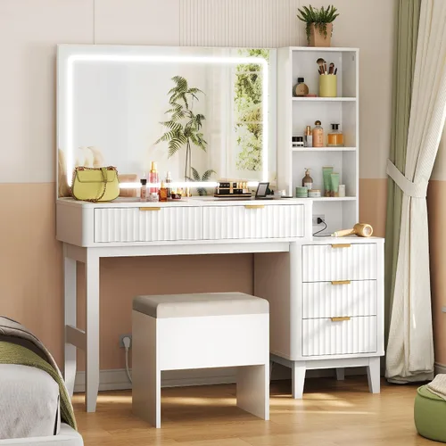 Miniatura 13 de WLIVE Escritorio de tocador con espejo y luces, mesa de maquillaje con cajón, armario y estantes abiertos, tocador de dormitorio con estación