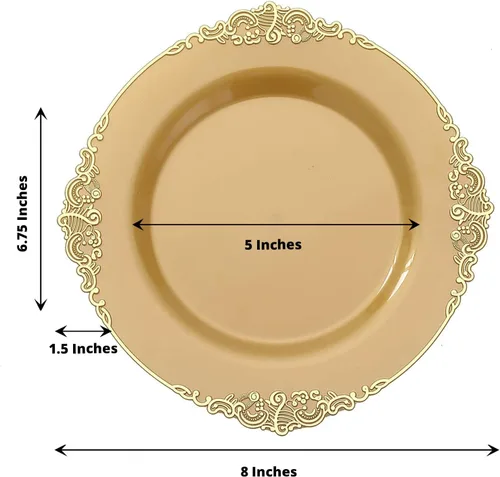 Miniatura 3 de Tableclothsfactory Paquete de 10 platos redondos de plástico barroco dorado de 8 pulgadas para ensalada de postre, vajilla desechable con borde