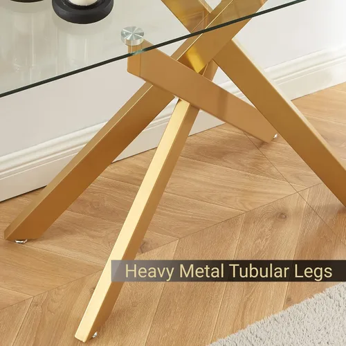 Miniatura 6 de Mesa consola moderna de patas cruzadas con vidrio templado de 0.315 pulgadas, mesa de entrada geométrica dorada para sala de estar y dormitorio, 45