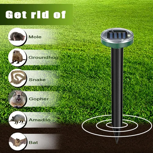 Miniatura 2 de Paquete de 8 repelentes de topos, repelente de serpientes con energía solar, ultrasónico, repelente de topos, picos disuasorios sónicos de topos