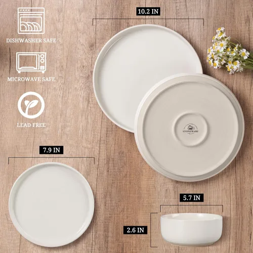 Miniatura 2 de HaWare Juego de vajilla de gres, juego de platos y tazones de 12 piezas para 4, juego de vajilla para casa restaurante, blanco lechoso moteado