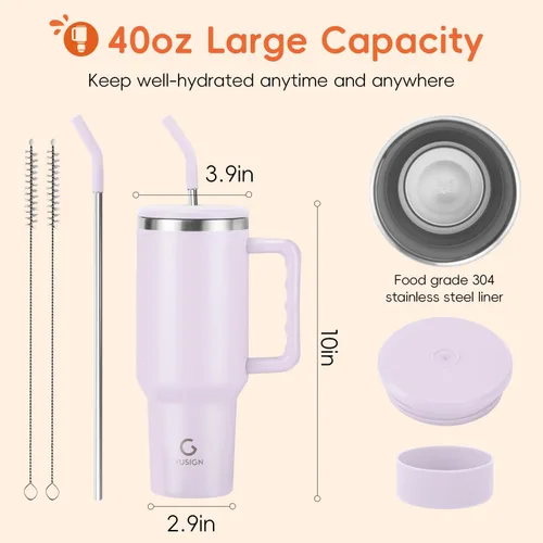 Miniatura 7 de VUSIGN Vaso de 40 onzas con asa y tapa con pajita, vaso de acero inoxidable con aislamiento al vacío, taza de viaje, botella de agua para agua, té