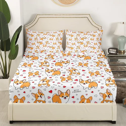 Miniatura 4 de Feelyou Juego de sábanas Kawaii Corgi para niños pequeños, juego de ropa de cama para niños y niñas, diseño de caricaturas, cachorro, perro, sábana