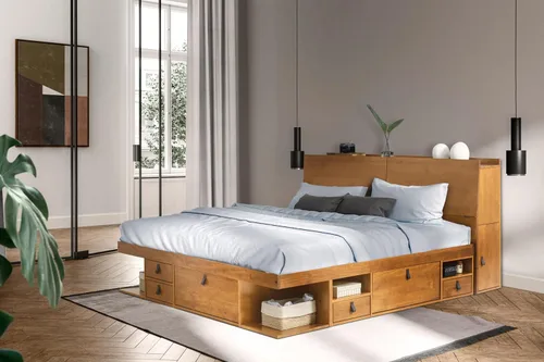 Miniatura 26 de Memomad Bali Slim Set: Plataforma de almacenamiento con cajones + Cabecero de panel plano (Tamaño completo, madera marrón roble)