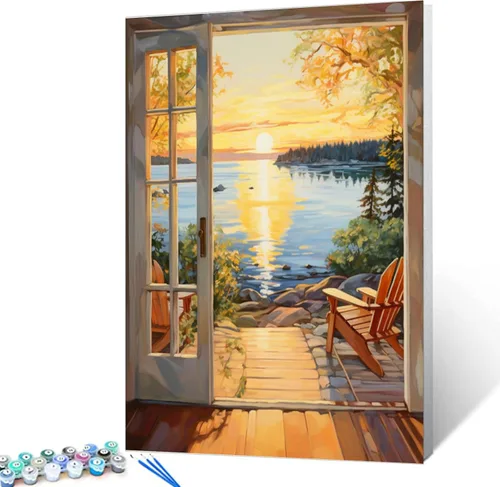 Miniatura 10 de Kit de pintura al óleo para ventana de playa, paisaje, por números, 16 x 20 pulgadas, lienzo, flores, paisaje, bricolaje, pintura al óleo para Pbn
