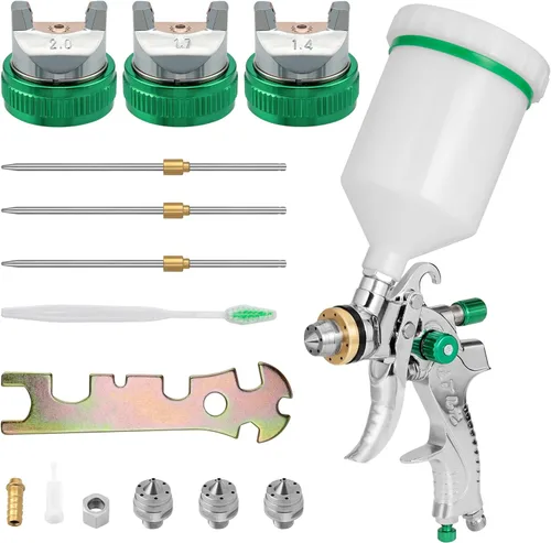 HVLP Pistola de pulverización de aire de alimentación por gravedad, kits profesionales de pintura de aire con 3 boquillas de 1.4/1.7/0.079 in y Verde