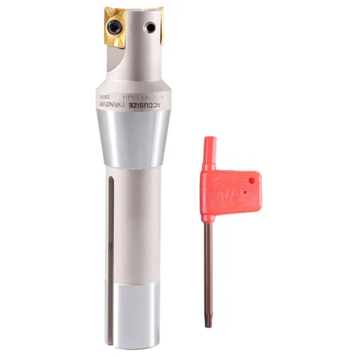 Accusize Industrial Tools 1 pulgada x 5-27/32 pulgadas vástago R8 de 90 grados fresas indexables con 2 insertos de carburo Apkt1604 instalados,