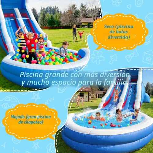 Miniatura 5 de Tobogán acuático inflable de grado para niños de 22 pies con gran piscina de salpicaduras, parque acuático azul resistente para niños con soplador