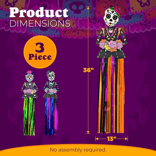 Miniatura 4 de 4E's Novelty Decoraciones colgantes del Día de los Muertos, 36 pulgadas, paquete de 3 pancartas decorativas del día de los muertos (3 pies de alto)