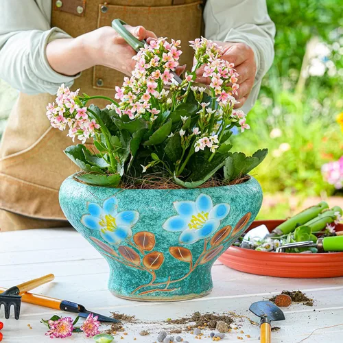 Miniatura 3 de Sungmor Macetas grandes para suculentas de 9.6 pulgadas, bonita maceta de cerámica pintada a mano con drenaje, maceta de cactus para interiores