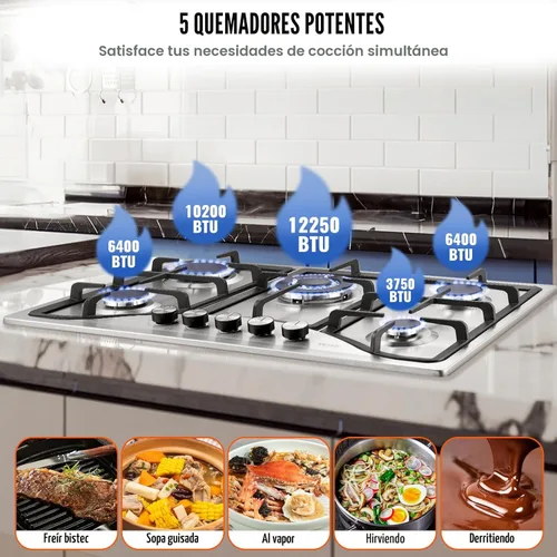 Miniatura 3 de VEVOR Placa de cocina de 30 pulgadas con 5 quemadores, 12250 BTU máx., estufa integrada de acero inoxidable, combustible dual GLP/GN, estufa de gas