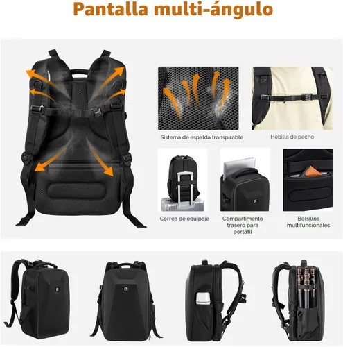 Miniatura 4 de K&F CONCEPT Mochila para cámara, funda rígida para cámara DSLR con compartimento para laptop de 15-15.6 pulgadas, estuche impermeable para cámara