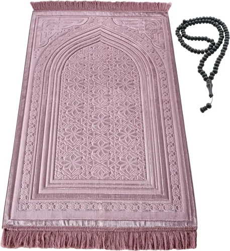 Miniatura 22 de Modefa Alfombra de oración de terciopelo de lujo con cuentas de oración, suave y elegante, alfombra musulmana turca Janamaz Sajada para hombres