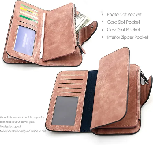 Miniatura 7 de Cartera de cuero para mujer, monedero de embrague para tarjetas de crédito, soporte para monedas, plegable, Cera de Aceite Marrón, Classic