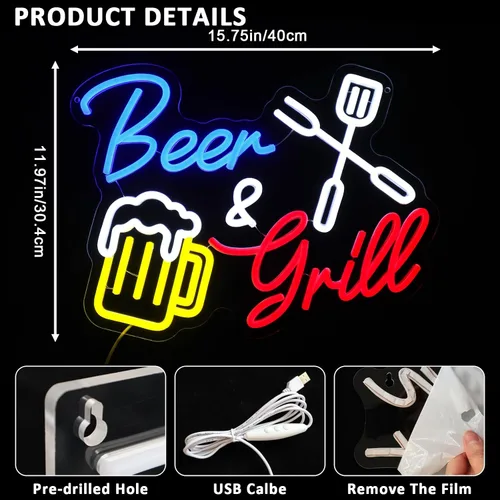 Miniatura 2 de Letrero de neón de cerveza y parrilla para decoración de pared, letreros LED para barbacoa, regulables por USB, 15.75 x 11.97 pulgadas, luces