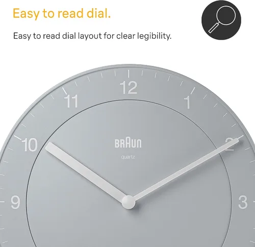 Miniatura 2 de Braun Reloj de pared analógico clásico con movimiento de cuarzo silencioso, fácil de leer, 7.9 in de diámetro en gris, modelo BC06G.