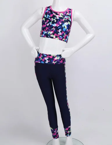 Miniatura 12 de JEATHA Conjunto de camiseta sin mangas con pantalones para niñas y niñas, para gimnasia, yoga, entrenamiento, ropa deportiva