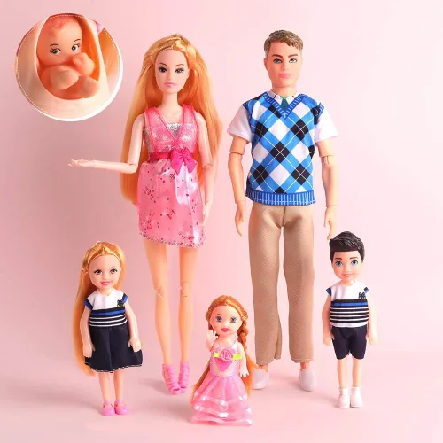 Miniatura 2 de UCanaan Juego de 6 muñecas familiares con papá, mamá embarazada, 3 niños y bebé en la barriga de mamá y 70 accesorios para educación y regalo
