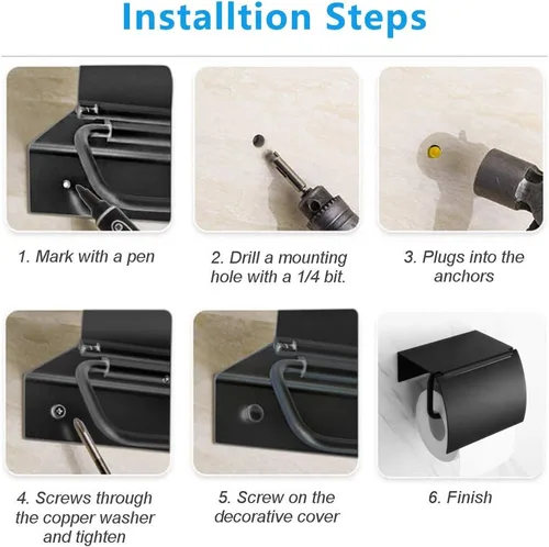 Miniatura 5 de Soporte de papel higiénico negro mate montado en la pared con estante para teléfono, soporte universal moderno para papel higiénico de megarrollo