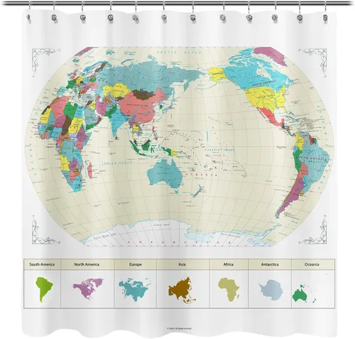 Miniatura 10 de Sunlit ¡Nuevo! Mapa extra largo del mundo con ciudades importantes detalladas. Cortina de ducha de tela repelente al agua sin PVC, no tóxica e