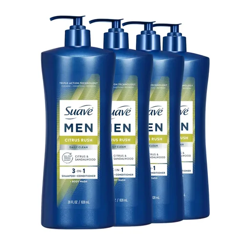 Suave Men Citrus Rush Daily Clean 3 en 1 champú, acondicionador y gel de baño con glicerina y queratina hidrata y suaviza el cabello, aroma cítrico,