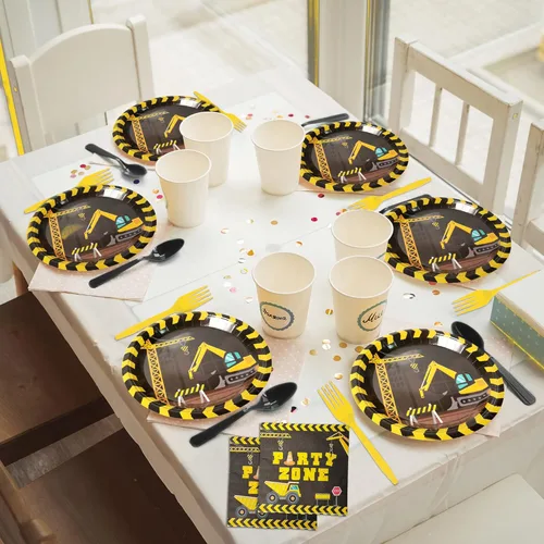 Miniatura 6 de 96 piezas de suministros para fiesta de cumpleaños con temática de construcción, platos de papel y servilletas con temática de construcción