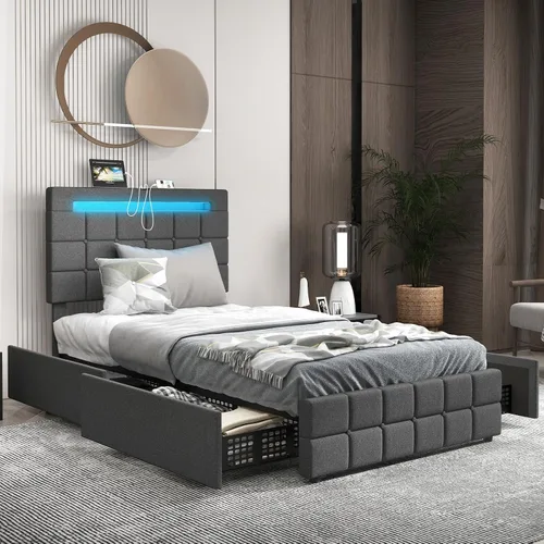 Miniatura 3 de KOMFOTT Base de cama individual con estación de carga y luces LED, base de cama de plataforma tapizada con cabecera ajustable y 4 cajones