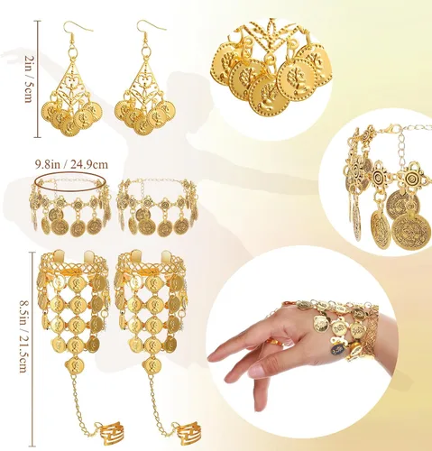 Miniatura 18 de Haysandy Conjunto de 8 piezas de danza del vientre para mujer, falda de danza del vientre, bufanda de cadera, 2 pulseras, aretes, pulsera de tobillo