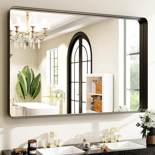 Miniatura 19 de Espejo de baño negro de 36 x 24 pulgadas, moderno espejo rectangular negro para pared con esquinas redondeadas, espejos de baño para tocador, espejo