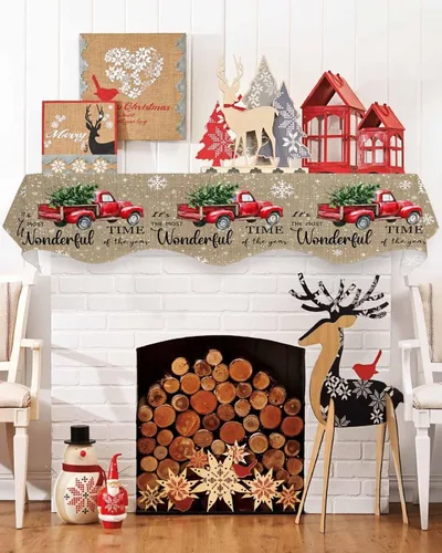 Miniatura 10 de Daleng Bufanda de repisa de camión de Navidad con muñeco de nieve para chimenea, 60 x 17 pulgadas, árbol de Navidad, copos de nieve, ciervos, verde