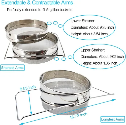 Miniatura 4 de Colador de miel de doble tamiz para cubo de 5 galones, filtro de miel de acero inoxidable de grado alimenticio con brazos extensibles ajustables