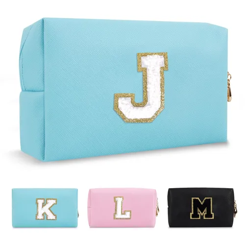 Miniatura 160 de Pequeña bolsa de maquillaje personalizada con inicial A-Z Preppy Patch, bolsa de cosméticos de viaje de felpilla blanca con cremallera, bonita bolsa