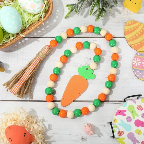 Miniatura 4 de Whaline Guirnalda de cuentas de madera de Pascua con borla, adorno de zanahoria, rústico, granja, cuentas de madera natural, decoración colgante