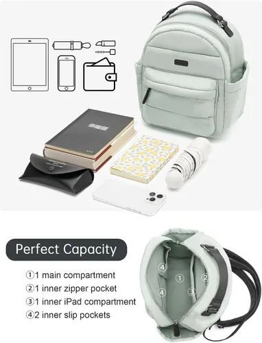 Miniatura 5 de Vividora Mini mochila acolchada para mujer, pequeña mochila acolchada de nailon ligero para viajes diarios, Gris Verde