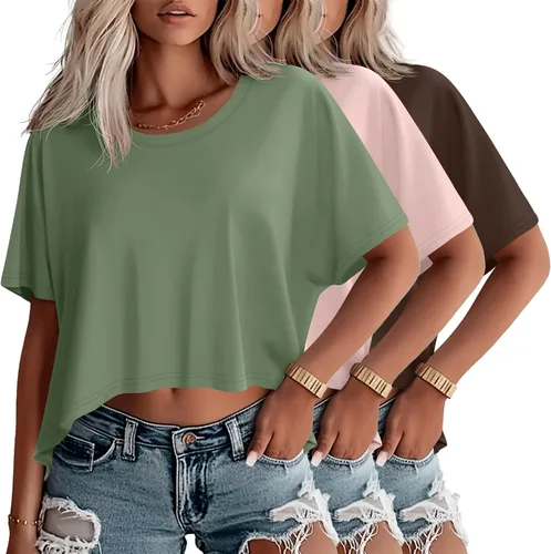 Miniatura 11 de Huukeay Paquete de 3 camisetas recortadas de gran tamaño para mujer, manga corta, holgadas, cuello redondo, holgadas, para entrenamiento