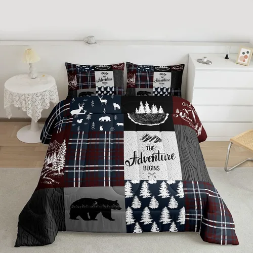 Miniatura 238 de Juego de edredón de oso y ciervo, tamaño individual, ropa de cama de animales salvajes de caza, colcha rústica de cabaña, casa de campo, cuadros