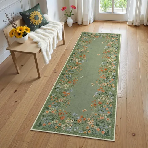 Miniatura 9 de Wonnitar Alfombra de área lavable de 2 x 3, alfombra de entrada floral verde, alfombra bohemia pequeña antideslizante para baño, alfombra suave
