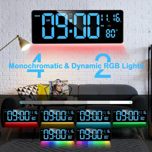 Miniatura 2 de XREXS Reloj de pared digital con pantalla grande, reloj de pared LED de 16.5 pulgadas con 6 luces nocturnas que cambian de color, DST automático