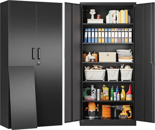 Miniatura 23 de SISESOL Armario de almacenamiento de metal de 36 pulgadas con puertas y estantes, pequeño armario de almacenamiento de garaje con cerradura, Negro